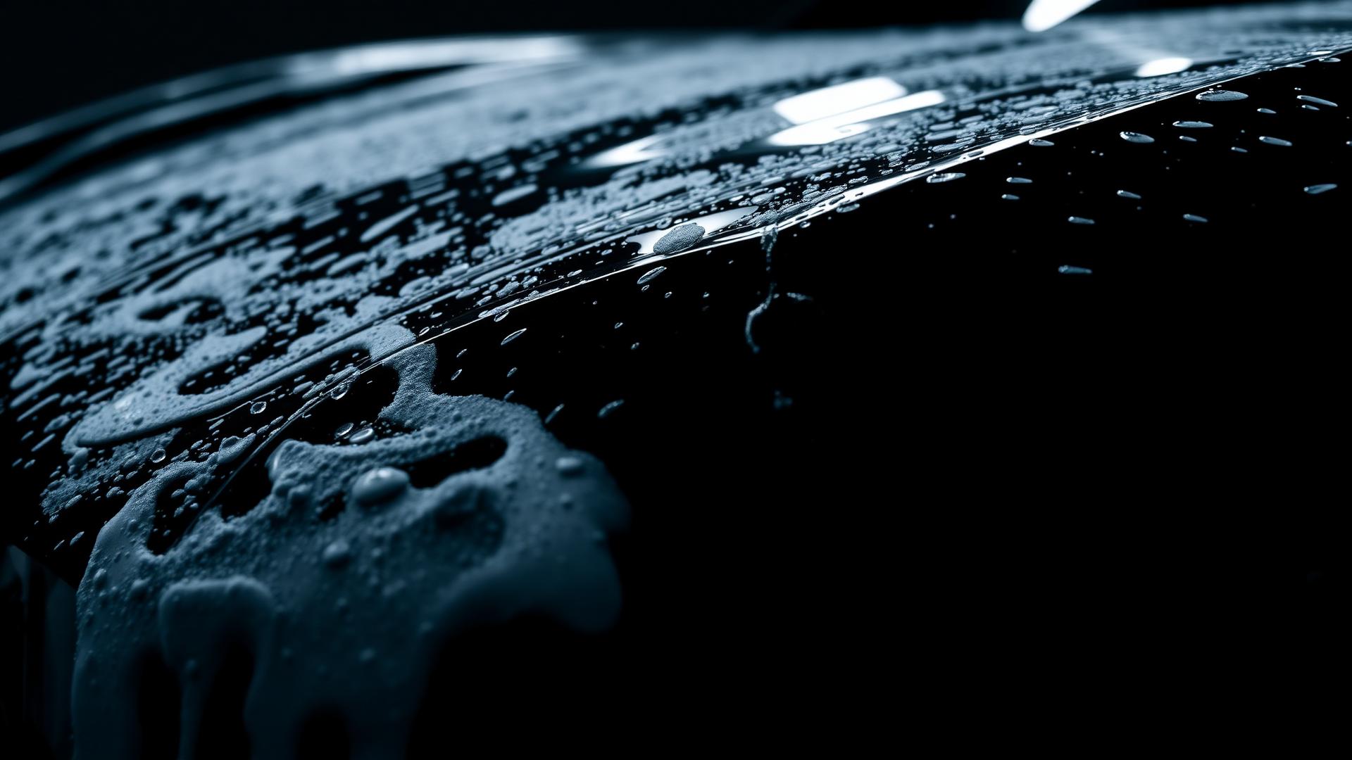 Luxury black car with water and foam being detailed